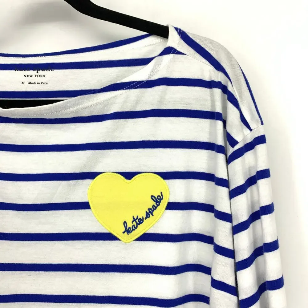 Kate Spade Boatneck Striped T-Shirt Womens Size Medium Long Sleeve Heart Graphic